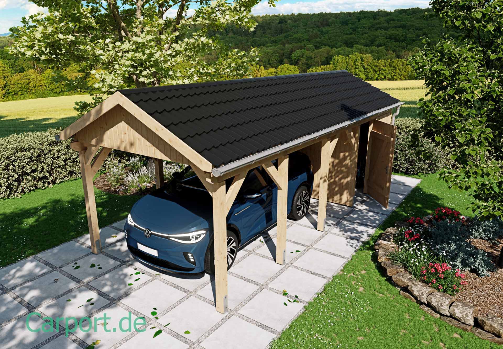 Einzelcarport 3,5 m x 7,14 m Dachdeckung: Dachpfannenprofilblech mit Antikondensbeschichtung Einzelcarport 3,5 m x 7,14 m Dachdeckung: Dachpfannenprofilblech mit Antikondensbeschichtung